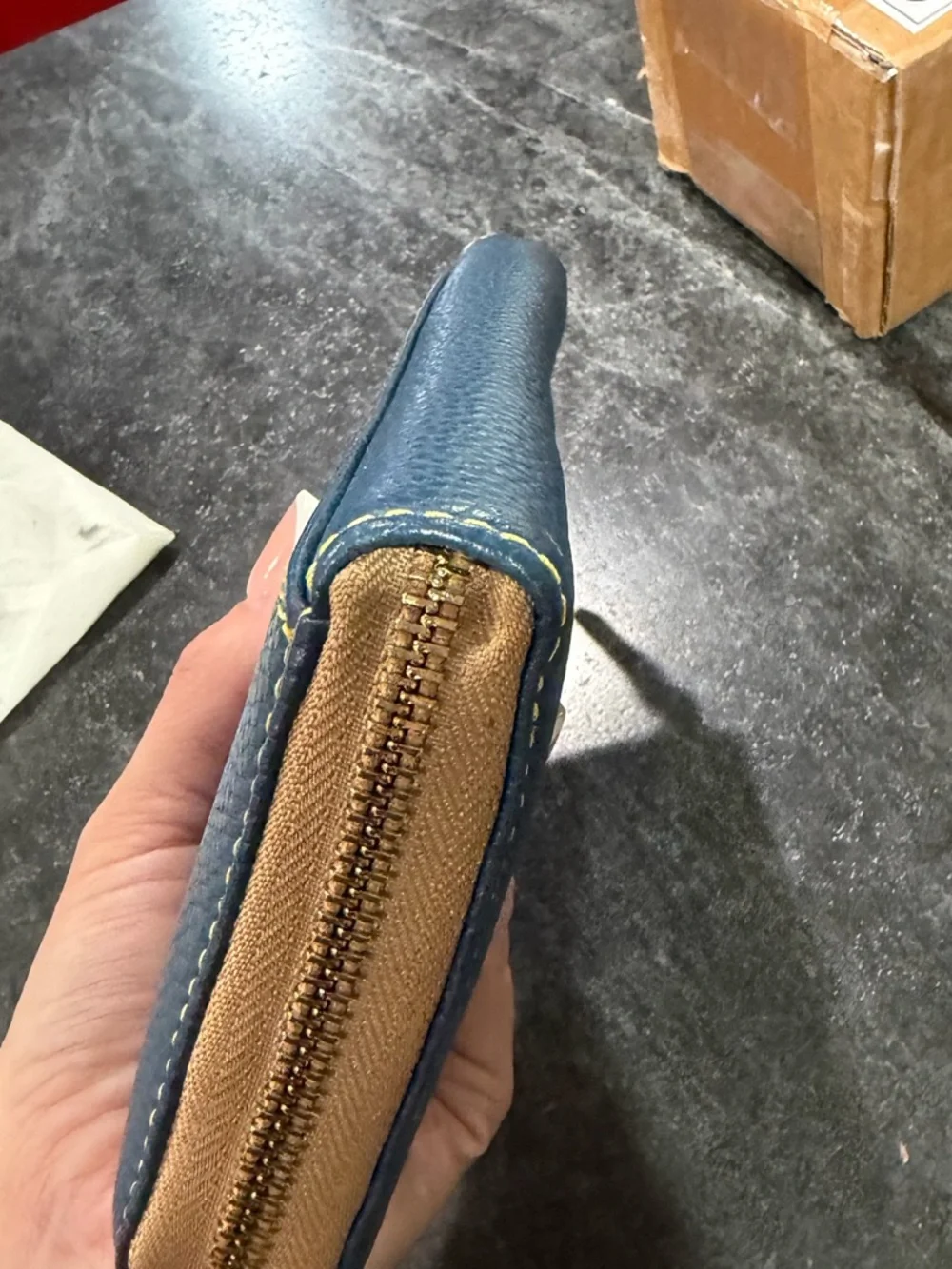 Dooney & Bourke Navy Pebbled Leather Zip Wallet with Brown Patch - Picture 6 of 11